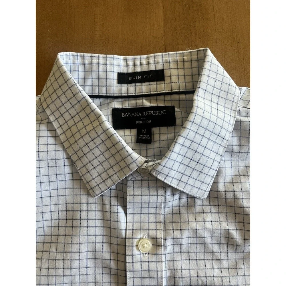 Banana‎ Republic Men's Sz M Slim Fit Non Iron Dress Shirt Blue Box Plaid Cotton